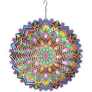 Wind Spinner Mandala Pink Flower 12inch 3D Stainless Steel Garden Sculpture